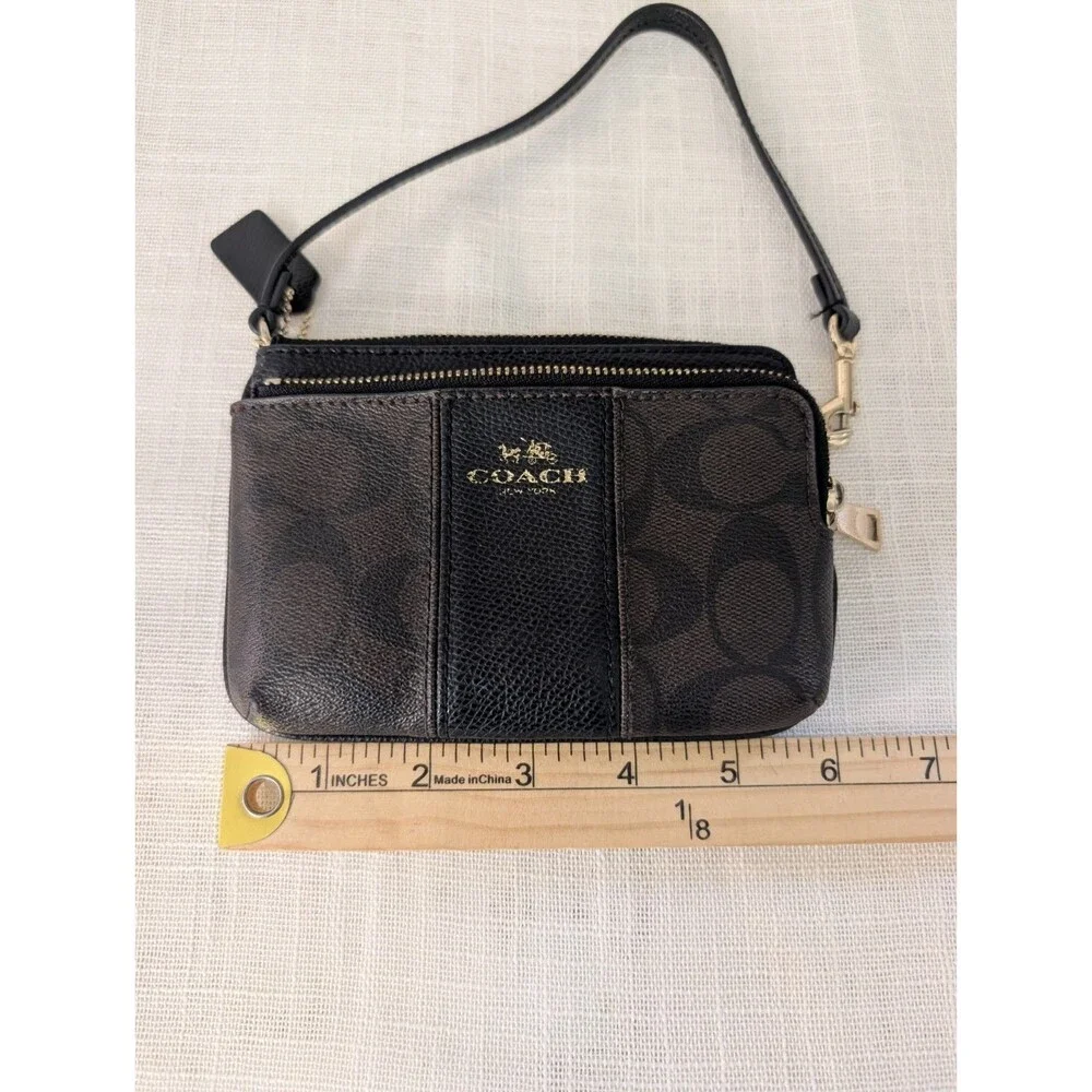 Coach Double Zip Wristlet/Wallet Signature Canvas Brown & Black
